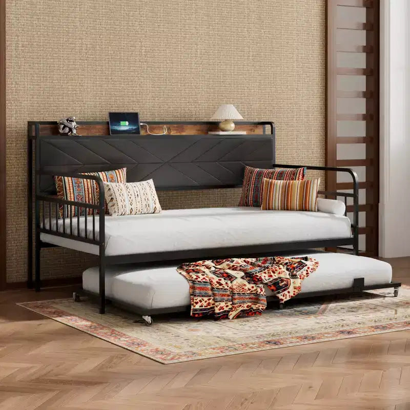 Lit de repos VECELO avec lit gigogne, cadre de lit avec tête de lit de rangement et station de charge, lit de repos-canapé avec support solide pour salon ou chambre à coucher