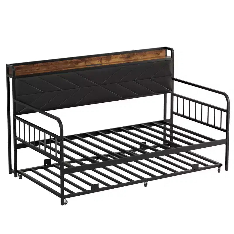 Lit de repos VECELO avec lit gigogne, cadre de lit avec tête de lit de rangement et station de charge, lit de repos-canapé avec support solide pour salon ou chambre à coucher