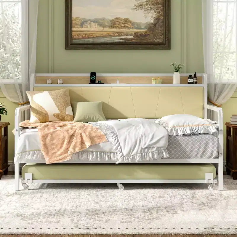 Lit de repos VECELO avec lit gigogne, cadre de lit avec tête de lit de rangement et station de charge, lit de repos-canapé avec support solide pour salon ou chambre à coucher