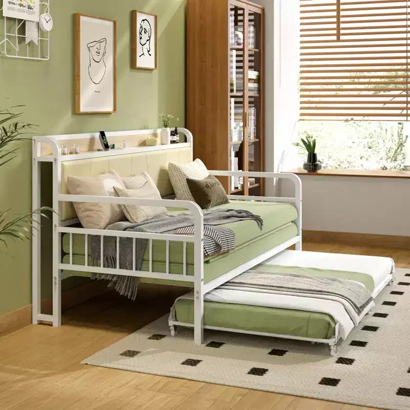 Lit de repos VECELO avec lit gigogne, cadre de lit avec tête de lit de rangement et station de charge, lit de repos-canapé avec support solide pour salon ou chambre à coucher