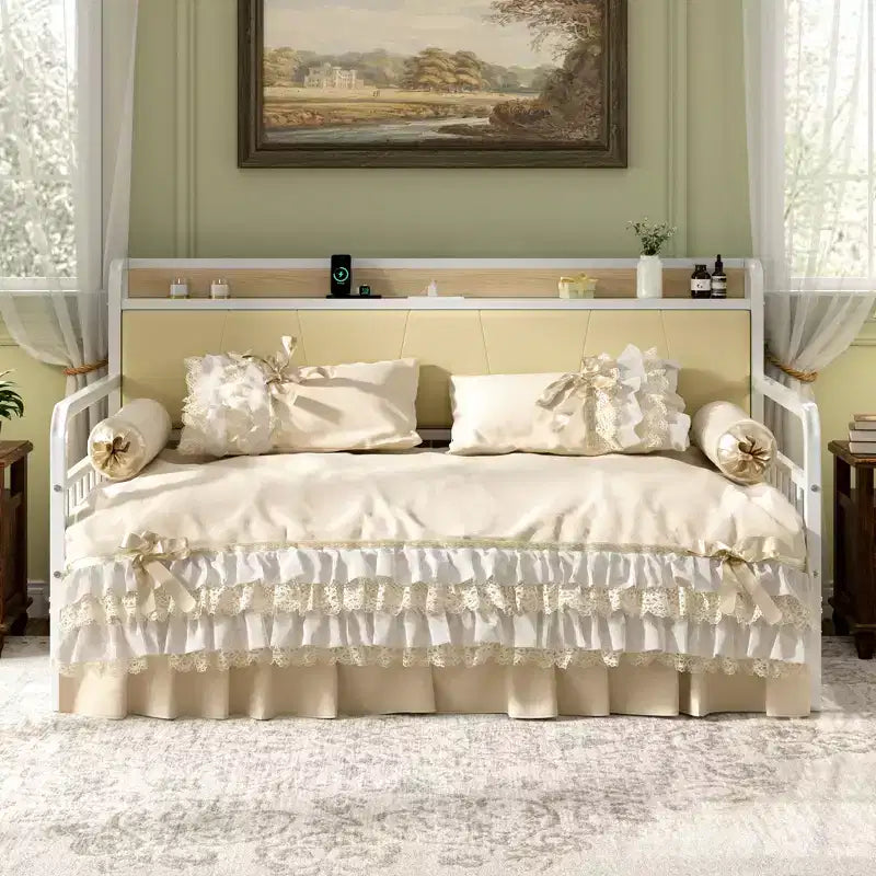 Lit de repos VECELO avec lit gigogne, cadre de lit avec tête de lit de rangement et station de charge, lit de repos-canapé avec support solide pour salon ou chambre à coucher
