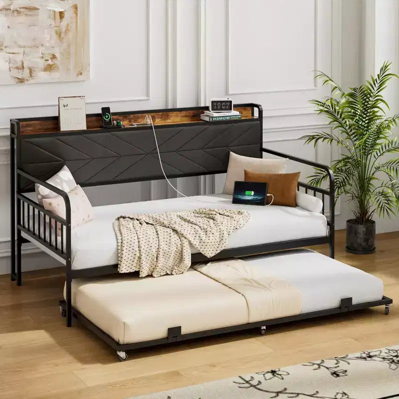 Lit de repos VECELO avec lit gigogne, cadre de lit avec tête de lit de rangement et station de charge, lit de repos-canapé avec support solide pour salon ou chambre à coucher