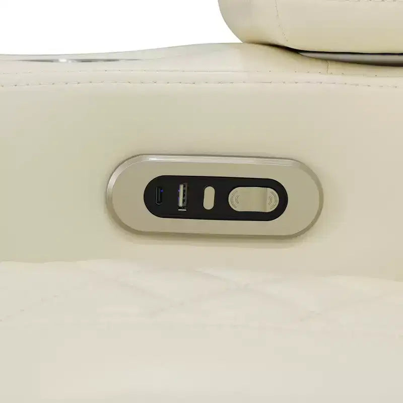 Canapé de relaxation électrique MAYEERTY, causeuse 2 places en cuir avec port USB, rangement et porte-gobelets pour salon, blanc