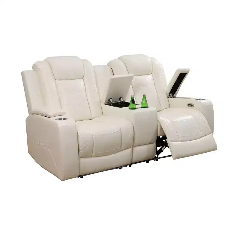 Canapé de relaxation électrique MAYEERTY, causeuse 2 places en cuir avec port USB, rangement et porte-gobelets pour salon, blanc