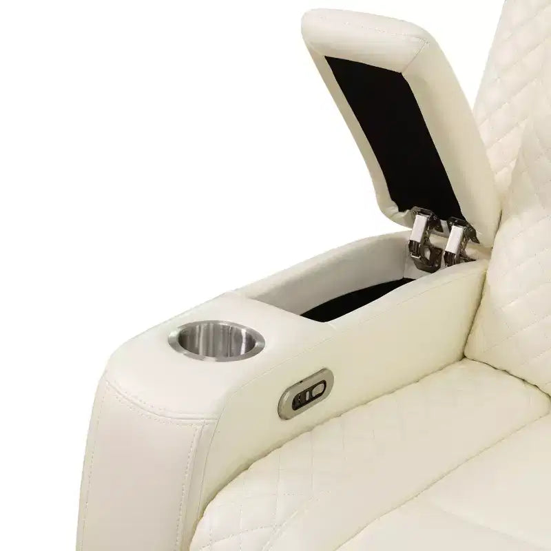 Canapé de relaxation électrique MAYEERTY, causeuse 2 places en cuir avec port USB, rangement et porte-gobelets pour salon, blanc