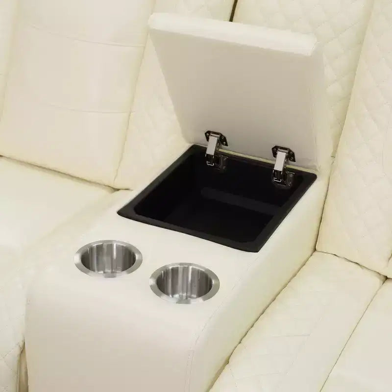 Canapé de relaxation électrique MAYEERTY, causeuse 2 places en cuir avec port USB, rangement et porte-gobelets pour salon, blanc