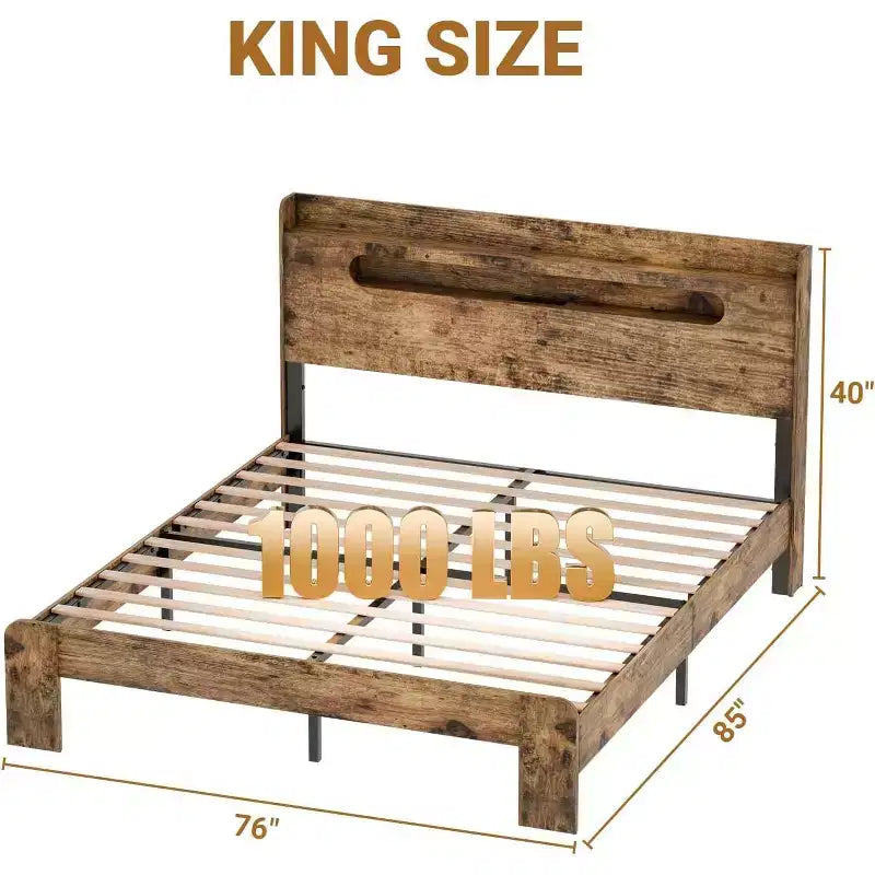 Cadre de lit King Size Zevemomo en bois avec tête de lit, éclairage LED, cadre en bois durable, silencieux, brun rustique (fente rectangulaire à bord arqué)