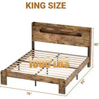 Cadre de lit King Size Zevemomo en bois avec tête de lit, éclairage LED, cadre en bois durable, silencieux, brun rustique (fente rectangulaire à bord arqué)