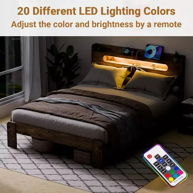 Cadre de lit King Size Zevemomo en bois avec tête de lit, éclairage LED, cadre en bois durable, silencieux, brun rustique (fente rectangulaire à bord arqué)