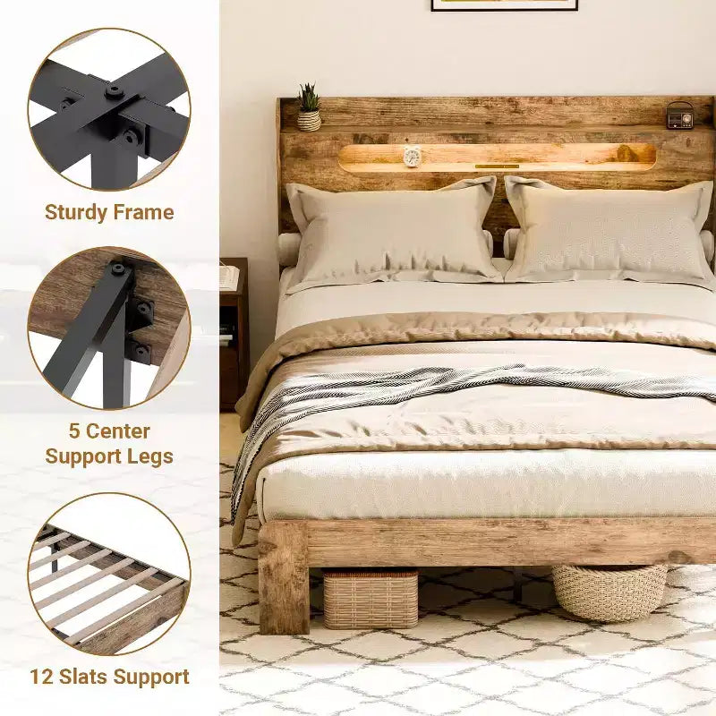 Cadre de lit King Size Zevemomo en bois avec tête de lit, éclairage LED, cadre en bois durable, silencieux, brun rustique (fente rectangulaire à bord arqué)