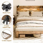 Cadre de lit King Size Zevemomo en bois avec tête de lit, éclairage LED, cadre en bois durable, silencieux, brun rustique (fente rectangulaire à bord arqué)