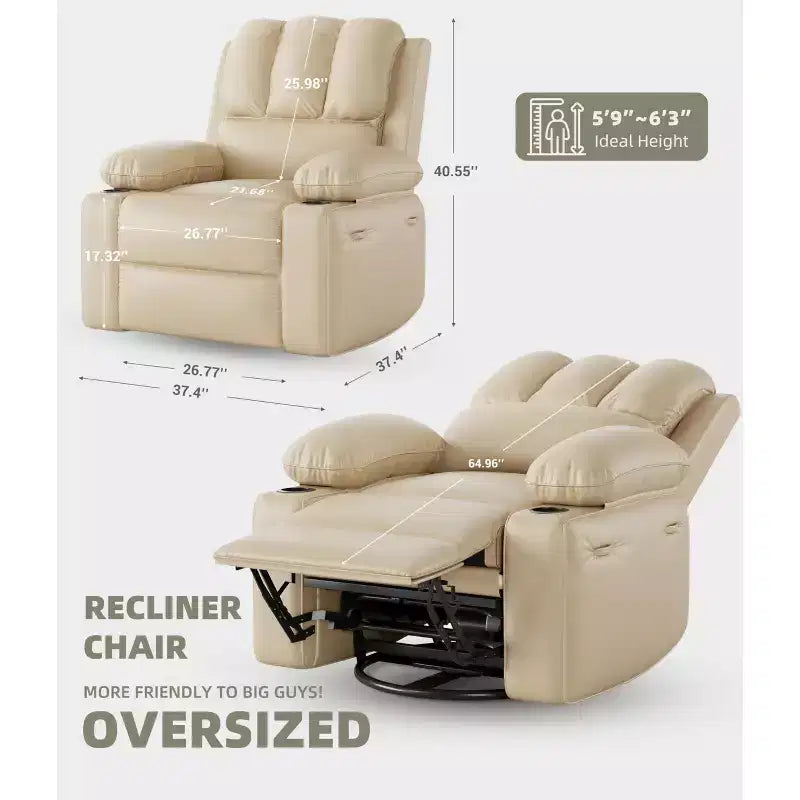 Fauteuil inclinable électrique surdimensionné Fauteuil de massage pivotant à 360° avec chauffage et porte-gobelet pour salon/chambre/crèche