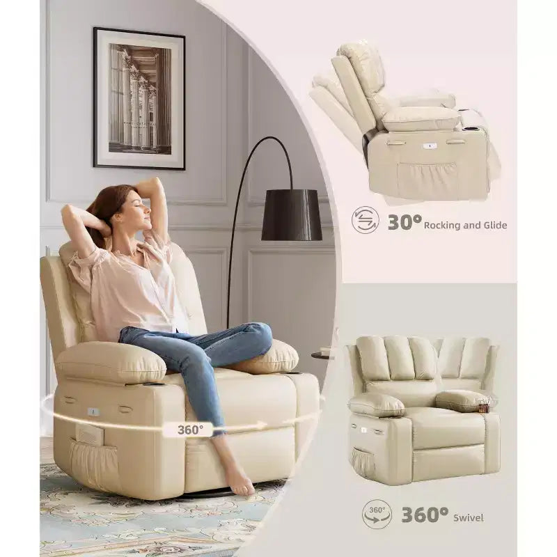 Fauteuil inclinable électrique surdimensionné Fauteuil de massage pivotant à 360° avec chauffage et porte-gobelet pour salon/chambre/crèche