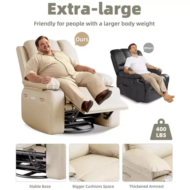 Fauteuil inclinable électrique surdimensionné Fauteuil de massage pivotant à 360° avec chauffage et porte-gobelet pour salon/chambre/crèche