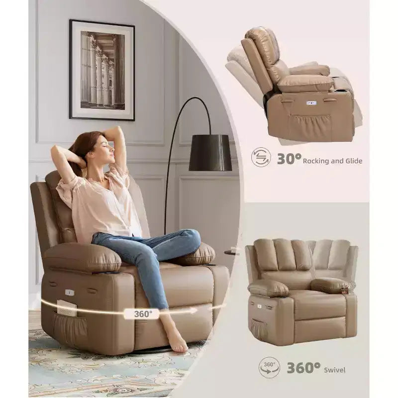 Fauteuil inclinable électrique surdimensionné Fauteuil de massage pivotant à 360° avec chauffage et porte-gobelet pour salon/chambre/crèche