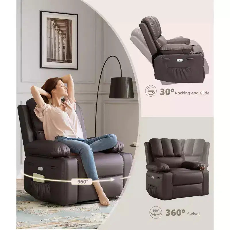 Fauteuil inclinable électrique surdimensionné Fauteuil de massage pivotant à 360° avec chauffage et porte-gobelet pour salon/chambre/crèche