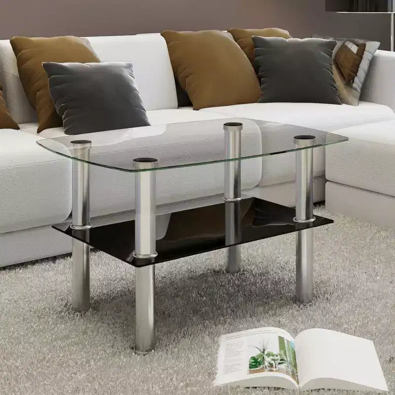 vidaXL Table basse rectangulaire moderne - Verre trempé avec pieds en acier inoxydable, conception à deux niveaux pour la maison, l'hôtel, le café