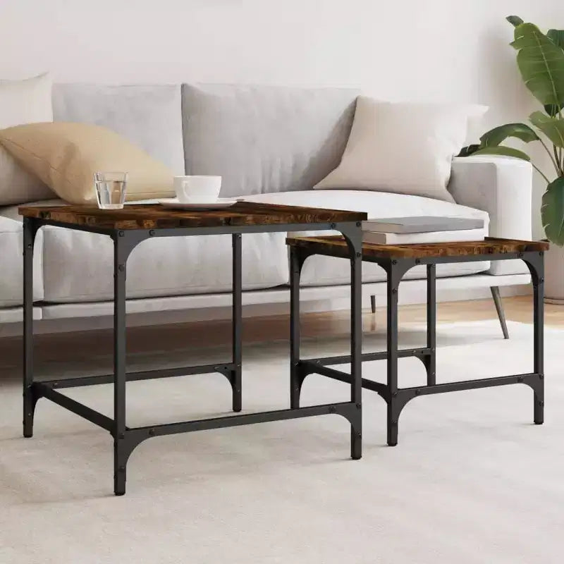 vidaXL Tables basses gigognes en bois d'ingénierie chêne fumé lot de 2 – Style industriel, design peu encombrant pour salon, chambre ou bureau
