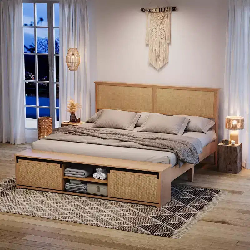 Cadre de lit Queen en rotin naturel avec tête de lit en bois, banc de rangement et lumières LED, éclairage contrôlé par application, sans bruit, sommier tapissier non requis