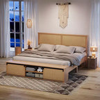 Cadre de lit Queen en rotin naturel avec tête de lit en bois, banc de rangement et lumières LED, éclairage contrôlé par application, sans bruit, sommier tapissier non requis