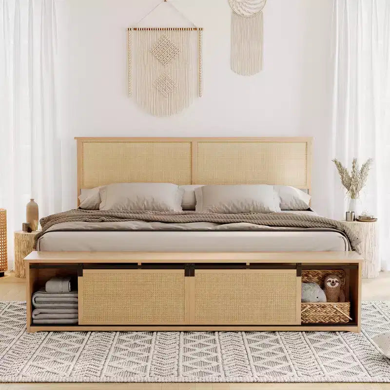 Cadre de lit Queen en rotin naturel avec tête de lit en bois, banc de rangement et lumières LED, éclairage contrôlé par application, sans bruit, sommier tapissier non requis