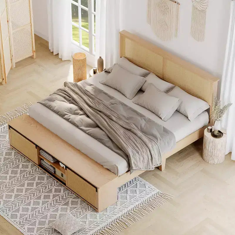 Cadre de lit Queen en rotin naturel avec tête de lit en bois, banc de rangement et lumières LED, éclairage contrôlé par application, sans bruit, sommier tapissier non requis