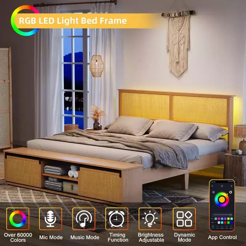 Cadre de lit Queen en rotin naturel avec tête de lit en bois, banc de rangement et lumières LED, éclairage contrôlé par application, sans bruit, sommier tapissier non requis