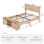 Cadre de lit Queen en rotin naturel avec tête de lit en bois, banc de rangement et lumières LED, éclairage contrôlé par application, sans bruit, sommier tapissier non requis