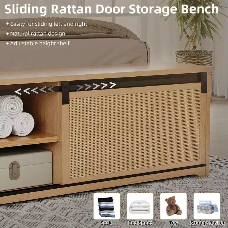 Cadre de lit Queen en rotin naturel avec tête de lit en bois, banc de rangement et lumières LED, éclairage contrôlé par application, sans bruit, sommier tapissier non requis