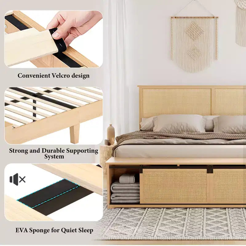 Cadre de lit Queen en rotin naturel avec tête de lit en bois, banc de rangement et lumières LED, éclairage contrôlé par application, sans bruit, sommier tapissier non requis