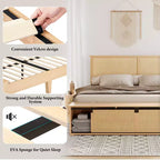 Cadre de lit Queen en rotin naturel avec tête de lit en bois, banc de rangement et lumières LED, éclairage contrôlé par application, sans bruit, sommier tapissier non requis