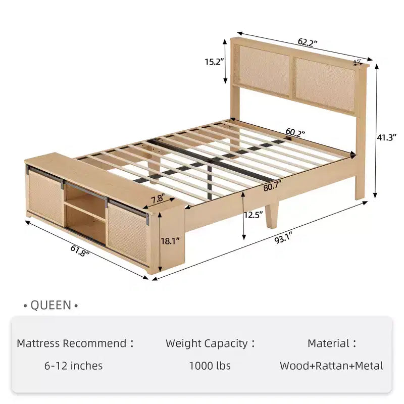 Cadre de lit Queen en rotin naturel avec tête de lit en bois, banc de rangement et lumières LED, éclairage contrôlé par application, sans bruit, sommier tapissier non requis