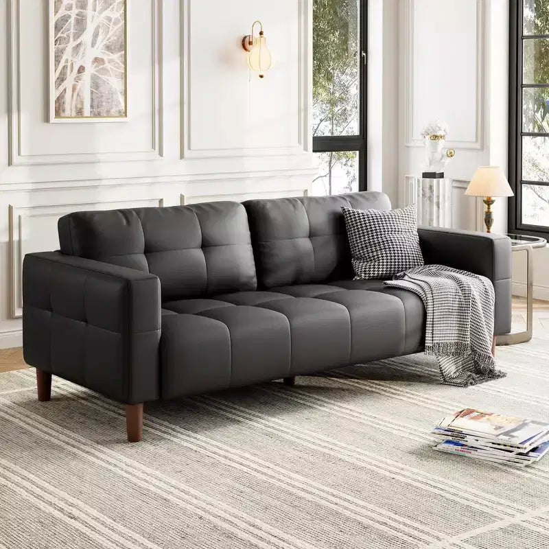 Canapé 3 places, Canapé large de 210 cm en similicuir avec coussins à ressorts, Canapé moderne avec sièges profonds et 2 coussins de dossier amovibles, pour salon
