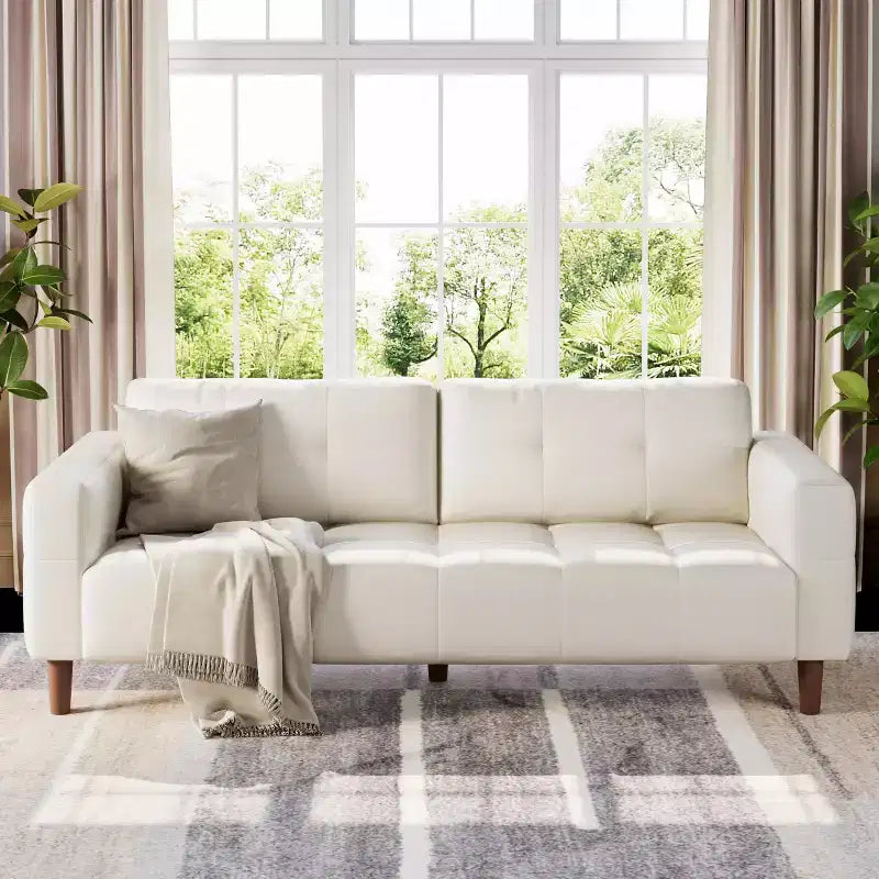 Canapé 3 places, Canapé large de 210 cm en similicuir avec coussins à ressorts, Canapé moderne avec sièges profonds et 2 coussins de dossier amovibles, pour salon