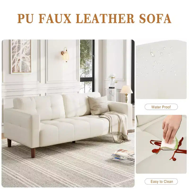 Canapé 3 places, Canapé large de 210 cm en similicuir avec coussins à ressorts, Canapé moderne avec sièges profonds et 2 coussins de dossier amovibles, pour salon