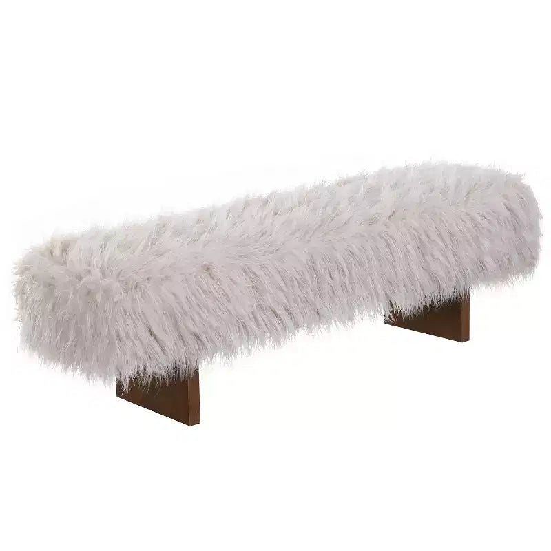 Banc ottoman rembourré, banc robuste en fausse laine à poils longs avec pieds en bois d'hévéa massif, marron - ModernLuxe