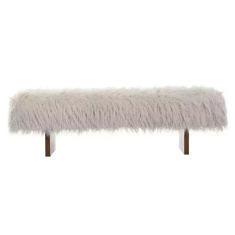 Banc ottoman rembourré, banc robuste en fausse laine à poils longs avec pieds en bois d'hévéa massif, marron - ModernLuxe
