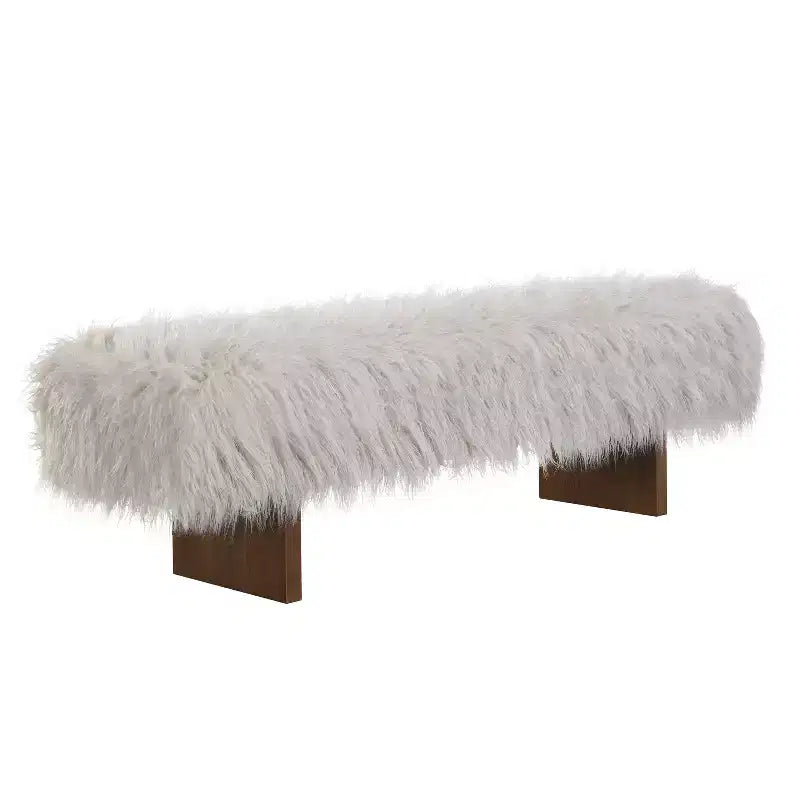 Banc ottoman rembourré, banc robuste en fausse laine à poils longs avec pieds en bois d'hévéa massif, marron - ModernLuxe