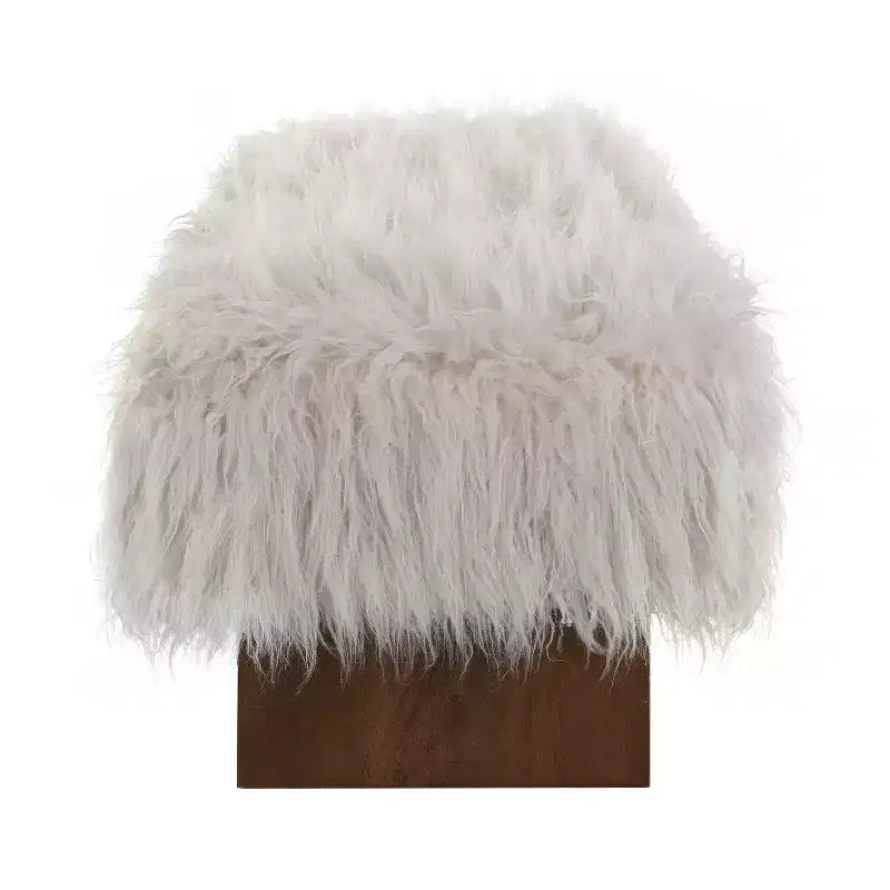 Banc ottoman rembourré, banc robuste en fausse laine à poils longs avec pieds en bois d'hévéa massif, marron - ModernLuxe