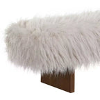 Banc ottoman rembourré, banc robuste en fausse laine à poils longs avec pieds en bois d'hévéa massif, marron - ModernLuxe