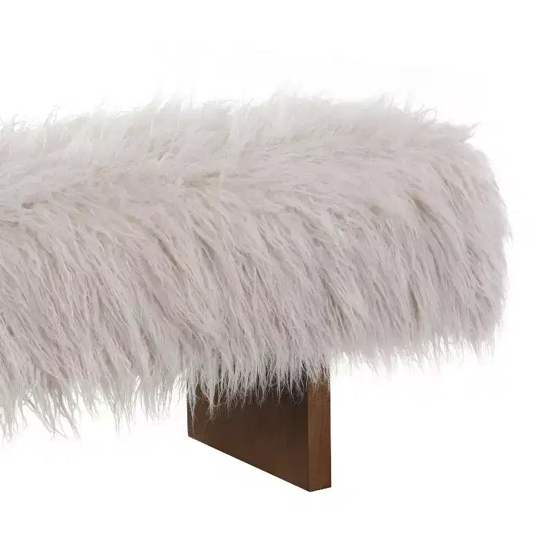 Banc ottoman rembourré, banc robuste en fausse laine à poils longs avec pieds en bois d'hévéa massif, marron - ModernLuxe