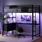 VINGLI Full Metal Loft Bed with 15 Inches Guardrail/desk/Non-Slip Ladder/2 Charging Stations/Storage Shelve,4 Drawers,LED,No Box Spring Needed, Black