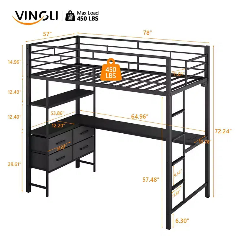 Lit superposé VINGLI entièrement métallique avec garde-corps de 15 pouces/bureau/échelle antidérapante/2 stations de charge/étagère de rangement, 4 tiroirs, LED, aucun sommier tapissier requis, noir