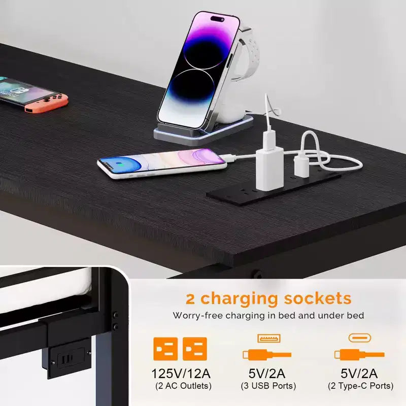 Lit superposé VINGLI entièrement métallique avec garde-corps de 15 pouces/bureau/échelle antidérapante/2 stations de charge/étagère de rangement, 4 tiroirs, LED, aucun sommier tapissier requis, noir