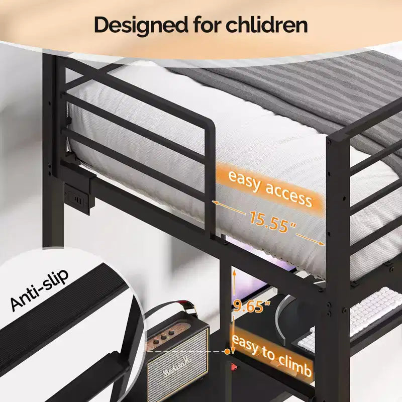 Lit superposé VINGLI entièrement métallique avec garde-corps de 15 pouces/bureau/échelle antidérapante/2 stations de charge/étagère de rangement, 4 tiroirs, LED, aucun sommier tapissier requis, noir