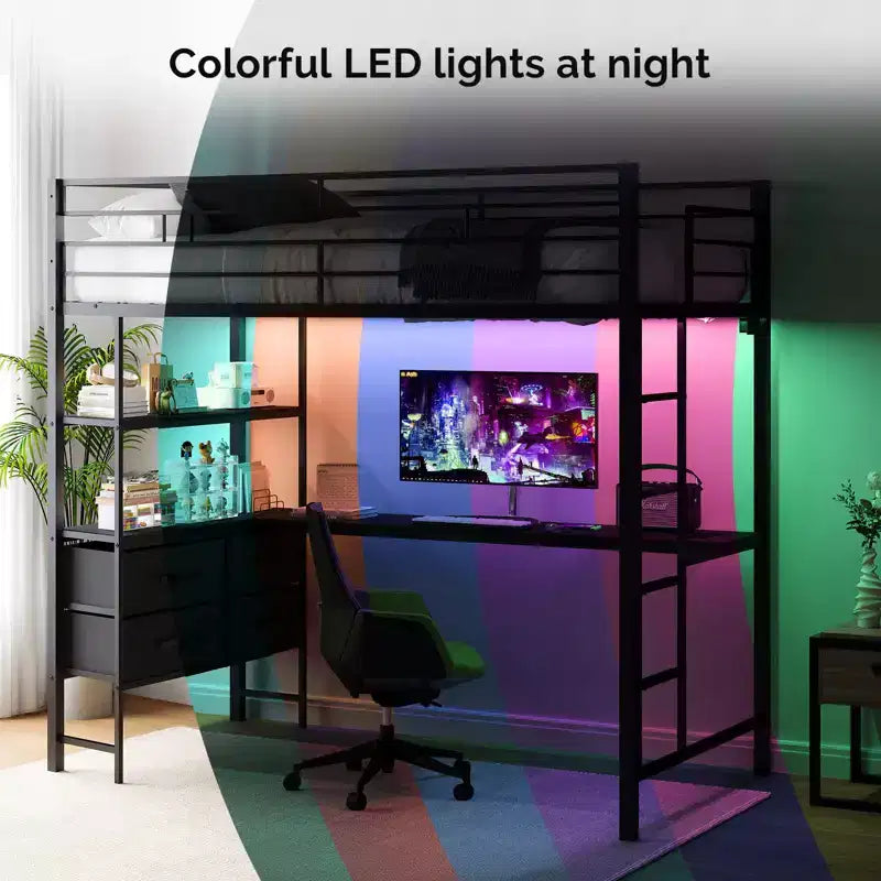 Lit superposé VINGLI entièrement métallique avec garde-corps de 15 pouces/bureau/échelle antidérapante/2 stations de charge/étagère de rangement, 4 tiroirs, LED, aucun sommier tapissier requis, noir
