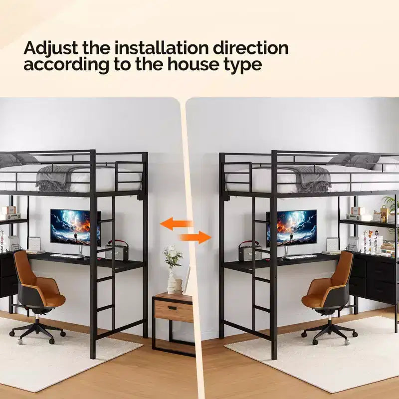 Lit superposé VINGLI entièrement métallique avec garde-corps de 15 pouces/bureau/échelle antidérapante/2 stations de charge/étagère de rangement, 4 tiroirs, LED, aucun sommier tapissier requis, noir