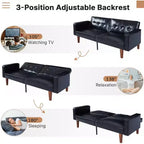 Canapé-lit convertible Zevemomo avec dossier réglable, fonction transat et causeuse, coussins en mousse et ressorts, noir uni vif
