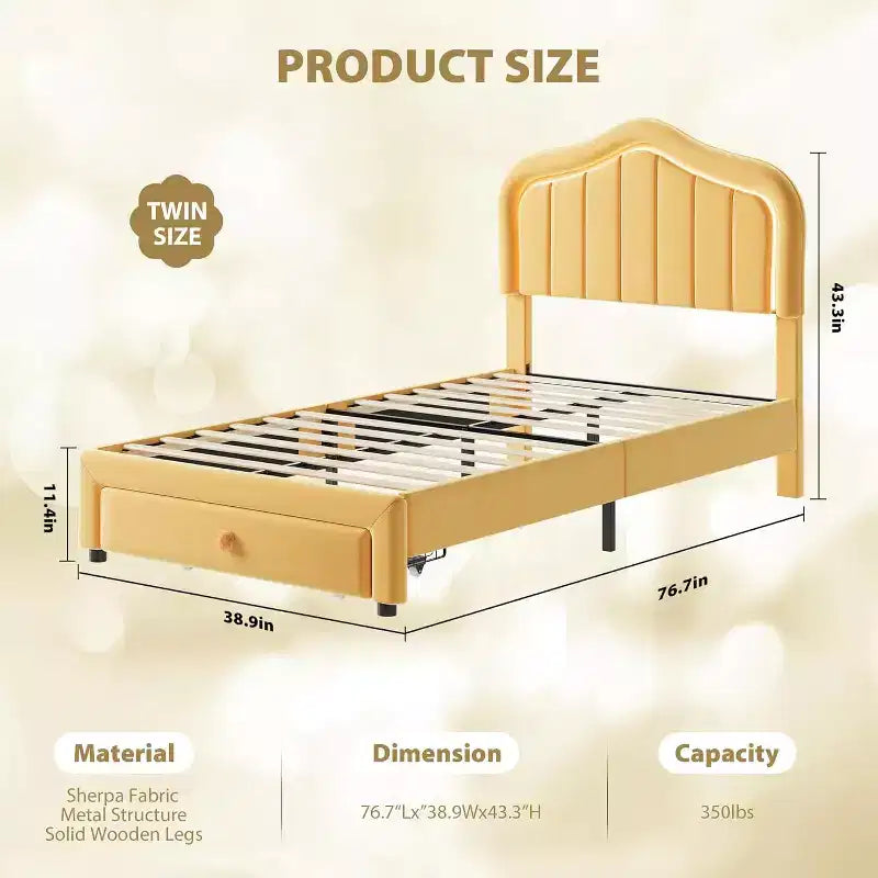 Cadre de lit double rembourré avec tiroir de rangement et tête de lit intelligente à LED, plateforme de taille double pour enfants, support à lattes en bois, pas besoin de sommier tapissier