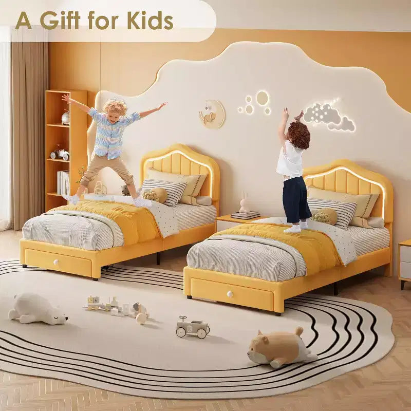 Cadre de lit double rembourré avec tiroir de rangement et tête de lit intelligente à LED, plateforme de taille double pour enfants, support à lattes en bois, pas besoin de sommier tapissier